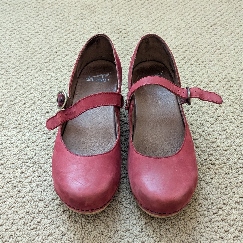 Dansko Red Mary Jane Clogs with Buckle Strap And Heel